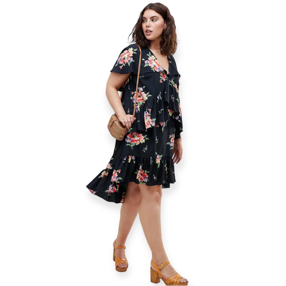 ASOS Design Curve NWT Midi Tea Dress With Cape Back 26 Black Multi Floral Print